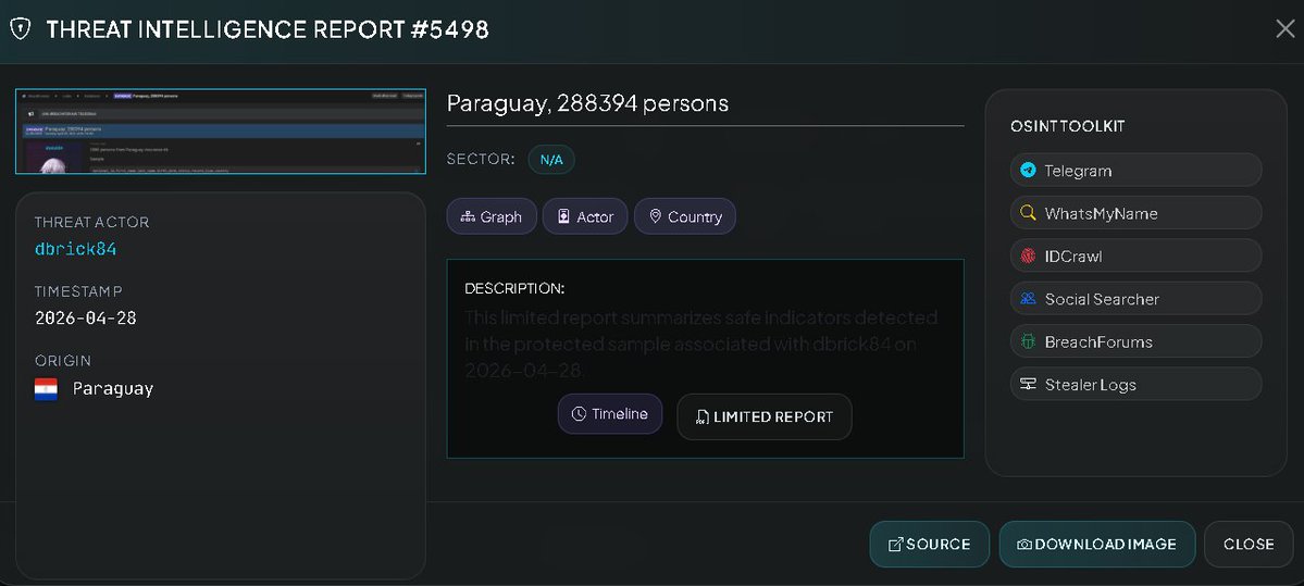 🚨 CRITICAL CYBERINTEL ALERT: INSURANCE DATABASE LEAK – PARAGUAY 🇵🇾🏥🔓

A massive data breach has been detected, affecting Paraguayan citizens linked to a database within the insurance sector. Threat actor "dbrick84" has published a dataset on BreachForums containing sensitive