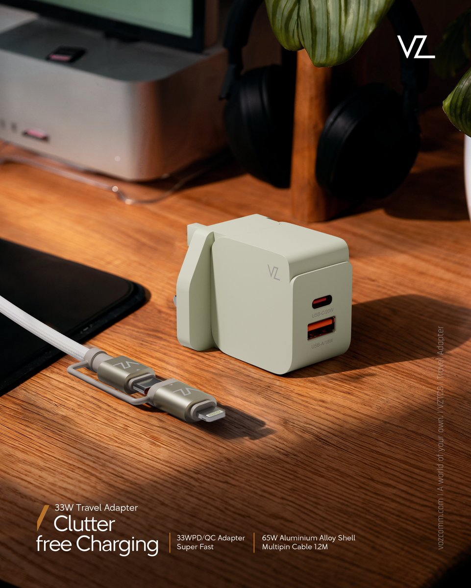 voz_commm's tweet image. From cafe tables to travel stops, this compact adapter fits right in, delivering fast 33W power in a premium aluminium alloy shell.

#Voz #TravelAdapter #FastCharging #Gadgets #ChargingEssentials