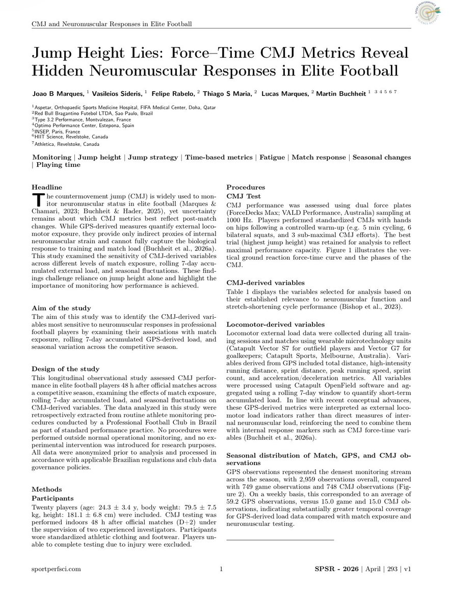 CoreyTwine's tweet photo. This paper is helpful because it gets at a simple but important monitoring problem: jump height is easy to understand, but it may not tell you what is actually happening neuromuscularly. The authors are not saying the countermovement jump is useless. They are saying that if we only look at the final outcome of the jump, meaning how high the athlete jumped, we may miss meaningful changes in how that jump was actually produced. That is the real value of force time metrics. Jump height tells us what happened. Force time metrics help us understand how it happened and what it may have cost.  

One of the major findings was related to match exposure. Players who played more minutes, especially those above 70 minutes, showed greater impairments in force time variables compared with players who played less than 40 minutes. The changes showed up in longer contraction time, longer time to braking phase, reduced RSI modified, reduced concentric mean force, reduced early concentric impulse, and reduced concentric peak force. In plain language, the players could still jump, but they were producing the jump differently. Their rapid force production was impaired even when jump height did not clearly change.  

This is also why standardization matters. If we are going to use CMJ data, the athlete needs to be cued the same way every time. My preference is simple: “jump as high and as fast as you can.” That encourages maximal intent, and without maximal intent, the data becomes much less useful. The same thing applies to squat jumps. If one athlete holds the quiet phase with discipline on a clear 3, 2, 1 count, while another athlete is loose, inconsistent, or starts negotiating the strategy before jumping, then we are adding error into the system. Over time, that decreases our ability to compare the data and make meaningful decisions.

That is the bigger lesson for me. Monitoring is not just collecting numbers. It is collecting numbers under a standardized process so the data actually means something.
