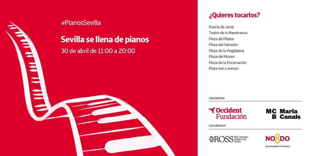 Fund_Occident's tweet photo. 🎹 ¡Sevilla se llena de pianos el próximo 30 de abril de 11:00 a 20:00 h!

🤝 @fundacionoccident y @mariacanals_bcn llevan la iniciativa “Tu ciudad se llena de pianos” a la capital andaluza, invitando a toda la ciudadanía a sumergirse en la música, con la colaboración de @Ayto_Sevilla.

📸 Comparte tus momentos favoritos con el hashtag #PianosSevilla y forma parte de esta jornada musical única.

🙌🏻 Acércate, tócalos o simplemente déjate llevar por sus melodías. ¡Te esperamos!