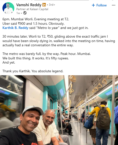 LinkedInPaglu's tweet image. 6pm. Mumbai Worli. Evening meeting at T2. 🚇

@Uber said ₹900 and 1.5 hours. Obviously.

#LinkedIn #LinkedInPosts #Mumbai #Uber #Metro