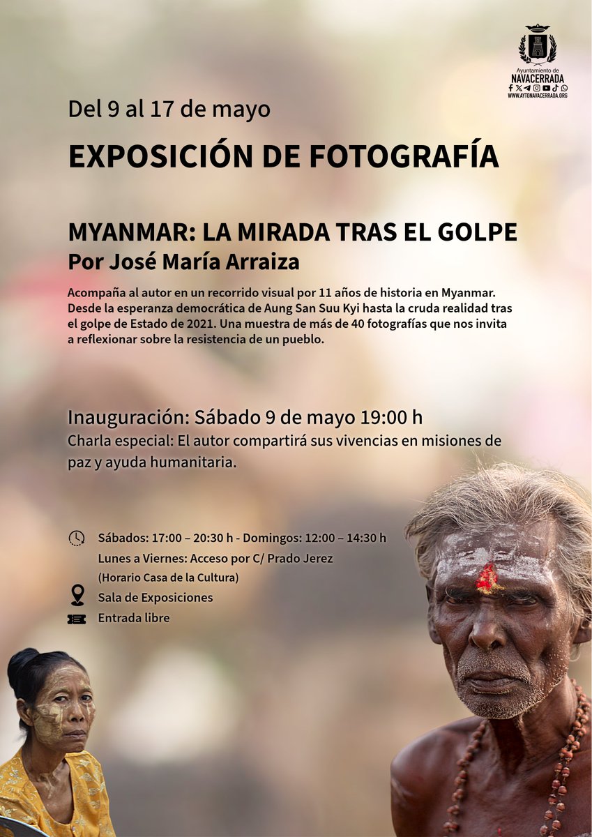 aytonavacerrada's tweet photo. 📸 ¿Cómo cambia un país tras un golpe de Estado?
No te pierdas la exposición "Myanmar: La mirada tras el golpe" de @tierrayderechos en #Navacerrada.
🗓 Del 9 al 17 de mayo 📍 Sala de Exposiciones 🎙 Inauguración: Sábado 9, 19h.
Toda la info en: https://t.co/qYwjwokvQa 🌐 https://t.co/AcPbHn17CA