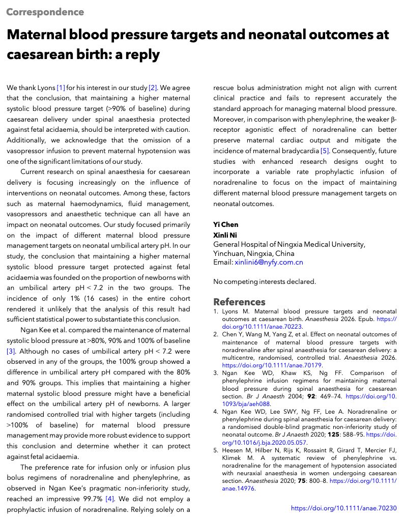 Anaes_Journal's tweet image. Maternal BP targets &amp;amp; neonatal outcomes at caesarean birth: a reply

Current research on spinal anaesthesia for caesarean is focusing on the influence of interventions on neonatal outcomes eg maternal haemodynamics, fluid mx, vasopressors &amp;amp; anaesthetic technique.

#anaesthesia