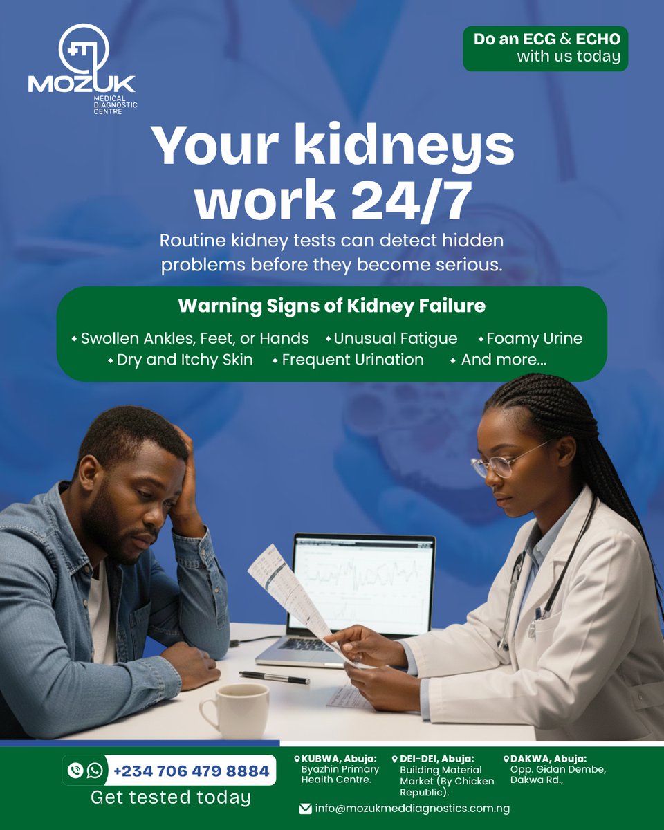 mozdiagnostics's tweet photo. Your kidneys work 24/7 for you. Give them one test in return.

#KidneyHealth #KidneyFunctionTest #EarlyDetection #KnowYourNumbers #HealthFirst #AbujaHealth https://t.co/LXBzCWOYkt