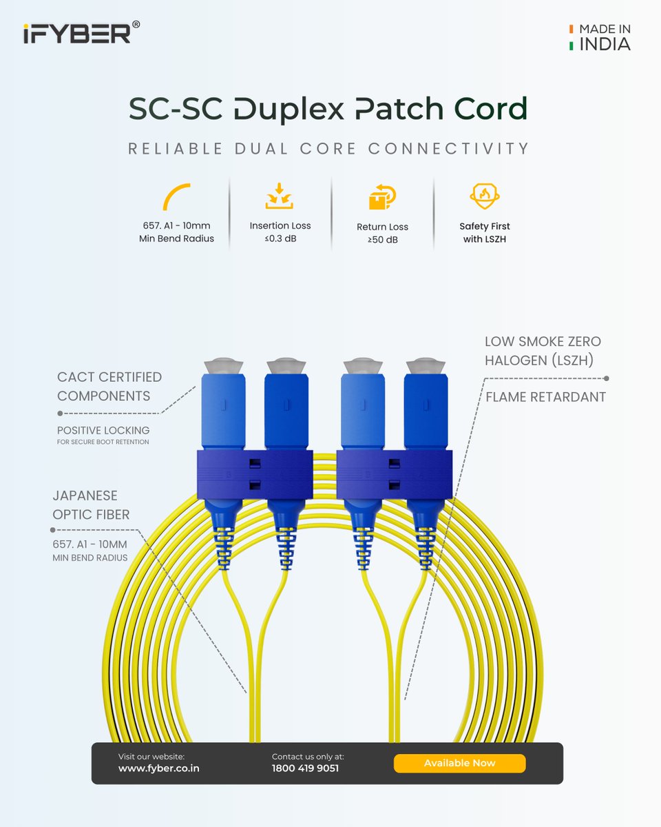 Fyberofficial's tweet image. Twice the core. Double the reliability.

FYBER SC-SC duplex patch cords are built for stable dual core connectivity, delivering low loss performance, superior signal integrity, and dependable transmission across high demand fiber networks.

#FYBER #PatchCords #MadeInIndia