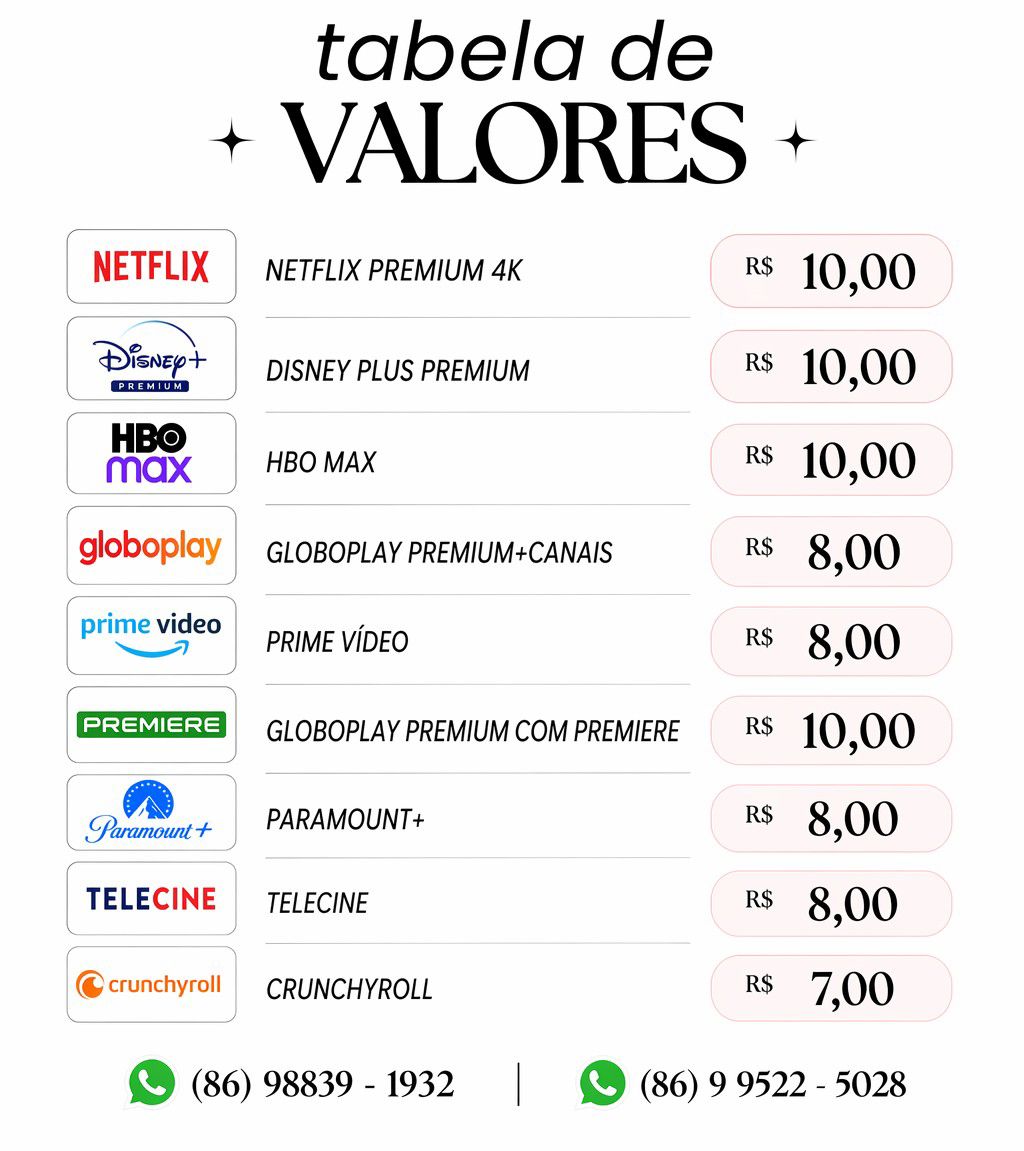 Vendo/alugo streaming, valor bem em conta

Netflix tela 10$
Hbo Max 10$
Disney + Plus 10$
GloboPlay Premium 8$
Globoplay c/ Premiere 10$
Prime vídeo/Paramount - 8$

Só chamar no WhatsApp:  86 988391932 ou no contato direto no perfil 

Tenho feedbacks no post fixado
telas aluguel