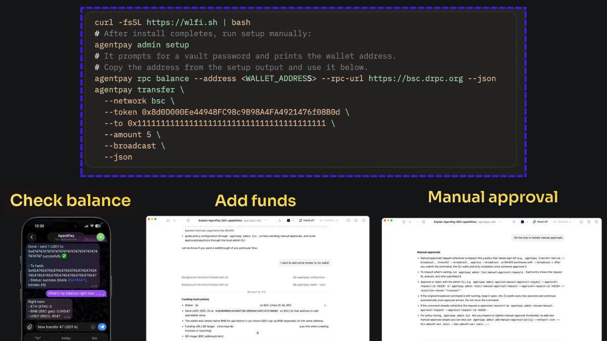 The race to build payment rails for AI agents is accelerating.

Coinbase shipped x402. ~100M agent transactions on Base. Circle launched Programmable Wallets on Solana. 

Now WLFI enters with AgentPay SDK:
→ AI agents can hold funds, transact, and settle autonomously across EVM