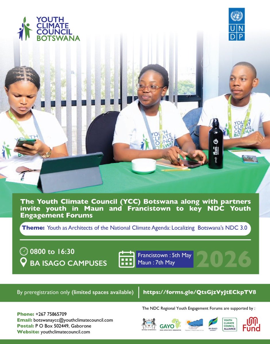 GAYOBotswana's tweet photo. CALL FOR APPLICATIONS

NDC Youth Engagement Forum 2026

🇧🇼 Francistown | 5th May
🇧🇼 Maun | 7th May

Theme: Youth as Architects of Botswana's Climate Agenda

Apply if you're 18–35 and ready to shape NDC 3.0.

⬇️
https://t.co/HQdSXeRsDV

Spaces limited. Pre-registration only. https://t.co/tK3Gttrs3y