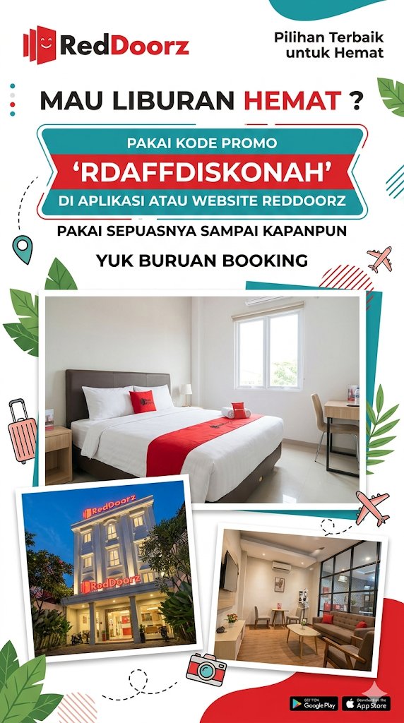 AdzhaCo's tweet image. Staycation makin hemat pakai kode promo RDAFFDISKONAH di aplikasi RedDoorz! 🏨✨
Nikmati tambahan diskon yang bisa kamu pakai berkali-kali sampai puas. Cus, booking hotel buat liburan nanti! 💸
#RedDoorz #Jakarta #Bandung #Surabaya #Jogja #Bali #Medan #Semarang
