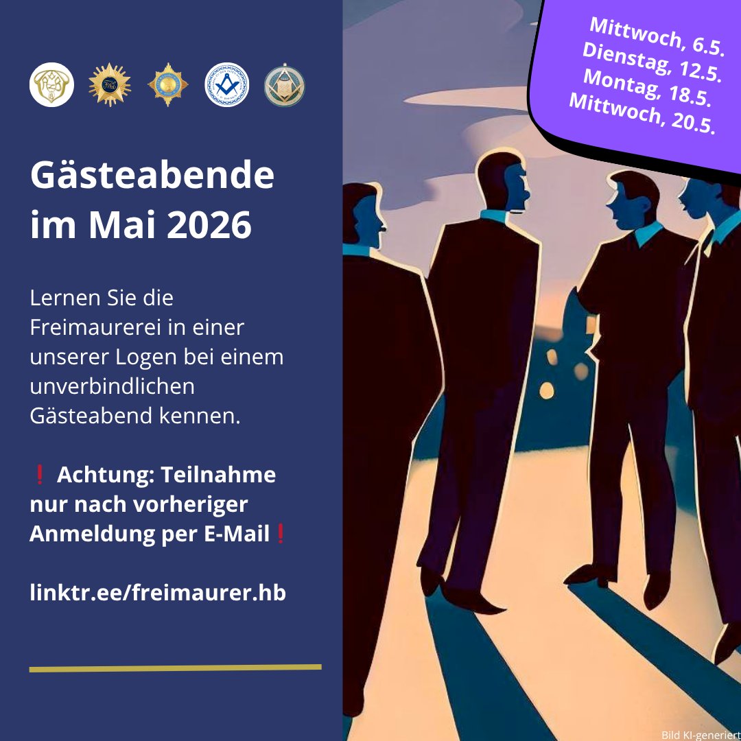 FreimaurerHB's tweet image. 👥 Gästeabende Mai: Lernen Sie die #Freimaurerei in #Bremen kennen. 

‼️ Anmeldung per E-Mail

6.5. FWzE 📧 mvst@fwze.de
12.5. Anschar 📧 kontakt@azb-bremen.de
18.5. Zur Hansa 📧 sekretaer@zur-hansa.de
20.5. Roland 📧 sekretaer@rolandbremen.de

🔗 linktr.ee/freimaurer.hb
