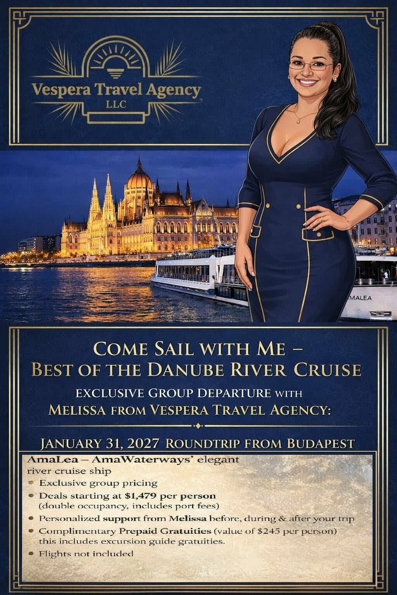 vesperatravel's tweet photo. Exclusive Invitation: 2027 Danuber Group Cruise 🚢
Discover the sophisticated side of European travel with our group departure, setting sail on the Danube River on January 31, 2027. While Europe sleeps, we will experience the serene, romantic atmosphere of its most storied river. https://t.co/mC6N8IW7Kt