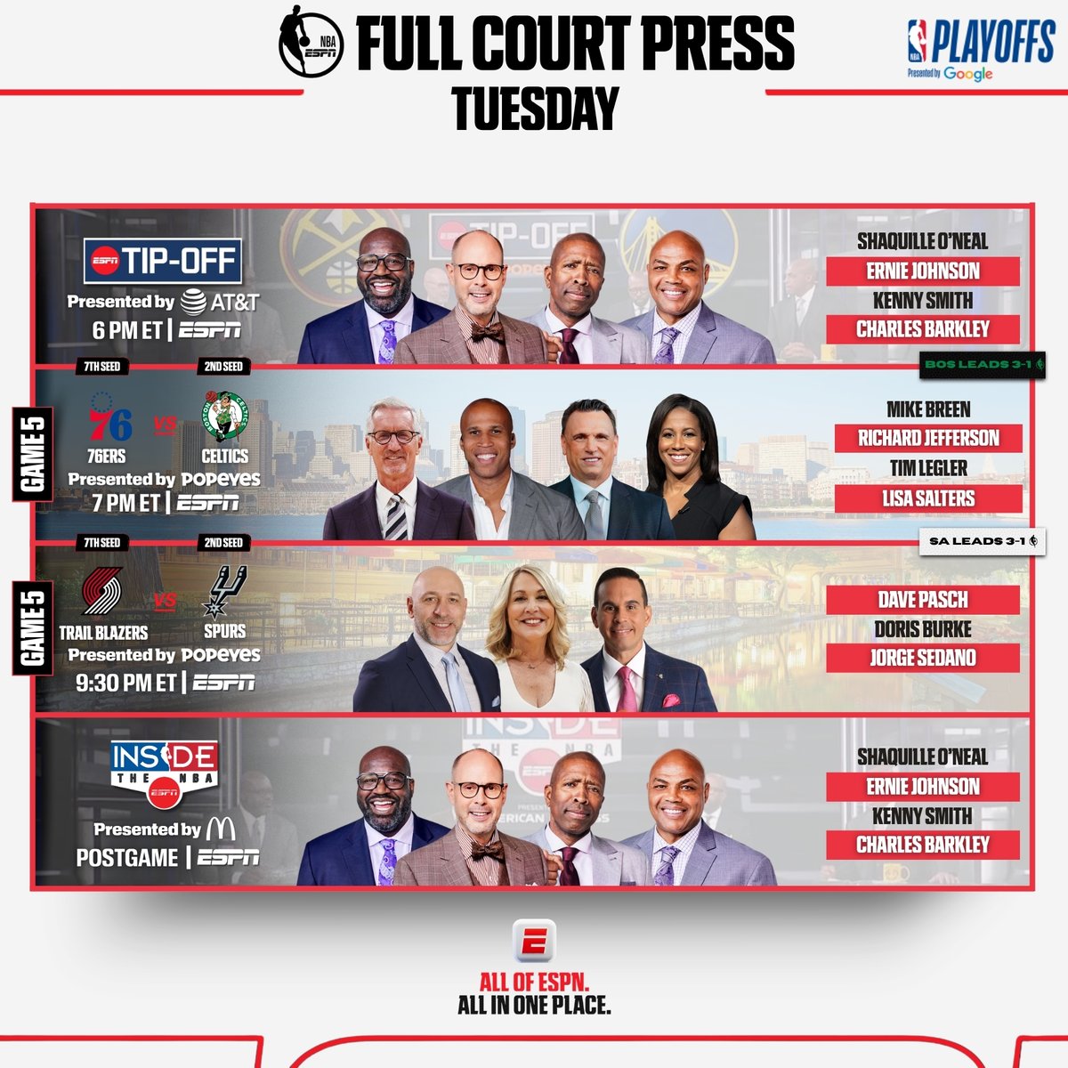 ESPNPR's tweet image. Tuesday, @ESPNNBA continues its coverage of 2026 #NBA Playoffs with a doubleheader on ESPN

🏀 6p ET | NBA Tip-Off
🏀 7p ET | 76ers vs. Celtics
🏀 9:30p ET | Trail Blazers vs. Spurs
🏀 Postgame | Inside The NBA