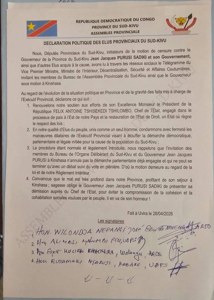 afrikarabia's tweet photo. #RDC Les #dĂ©putĂ©s provinciaux du #Sud_Kivu Ă lâorigine de la #motion de #dĂ©fiance Ă lâencontre du gouverneur Jean-Jacques #Purusi demandent sa #dĂ©mission : la convocation Ă Kinshasa des membres du bureau de lâAssemblĂ©e provinciale et du gouverneur par le ministre de lâIntĂ©rieur, « nâannule pas la dĂ©marche parlementaire dĂ©jĂ engagĂ©e ».