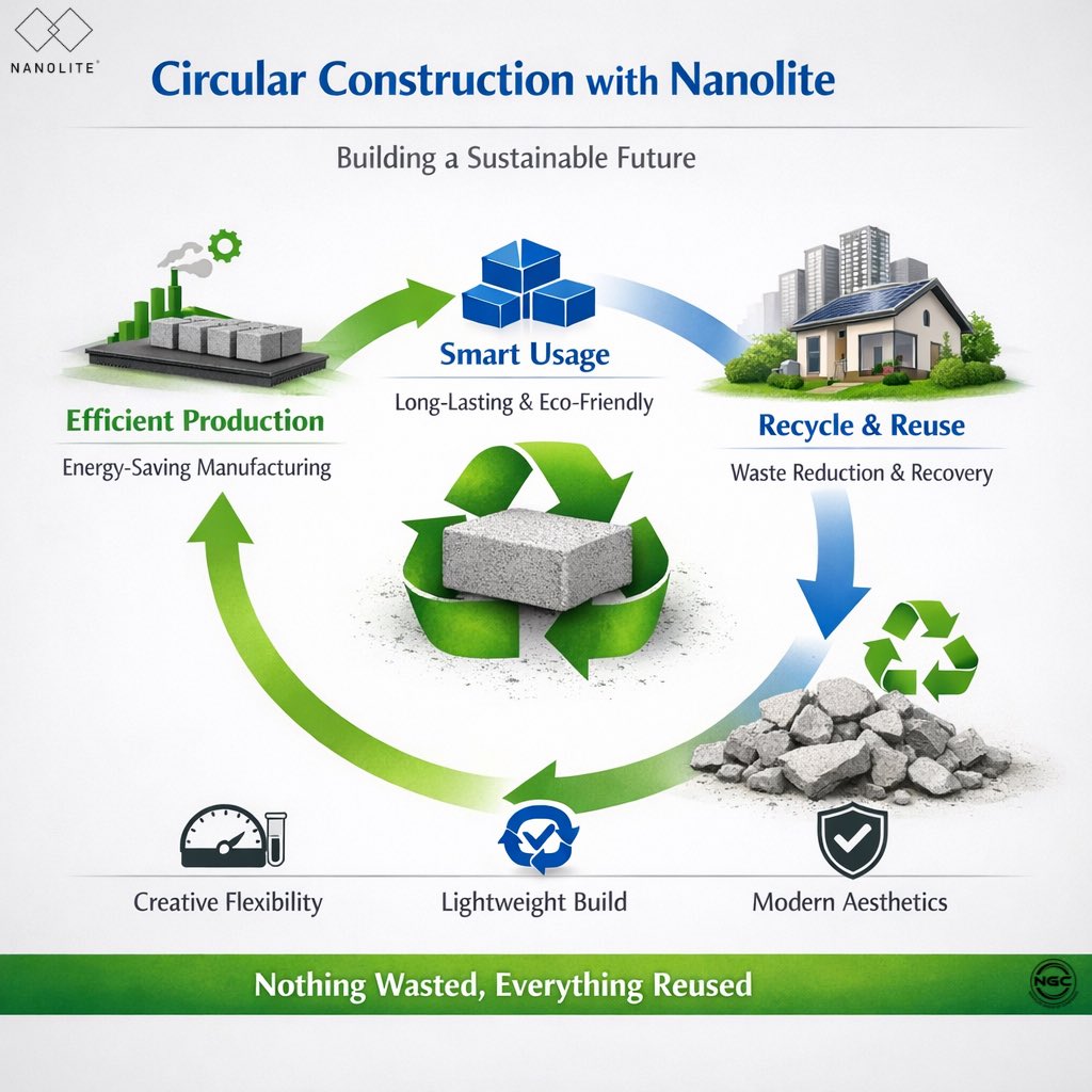 Nanolitegroup's tweet image. Nothing wasted — Nanolite builds a circular future where every block counts.

#NanoliteConstruction #CircularEconomy #SustainableBuilding #EcoInnovation #GreenManufacturing