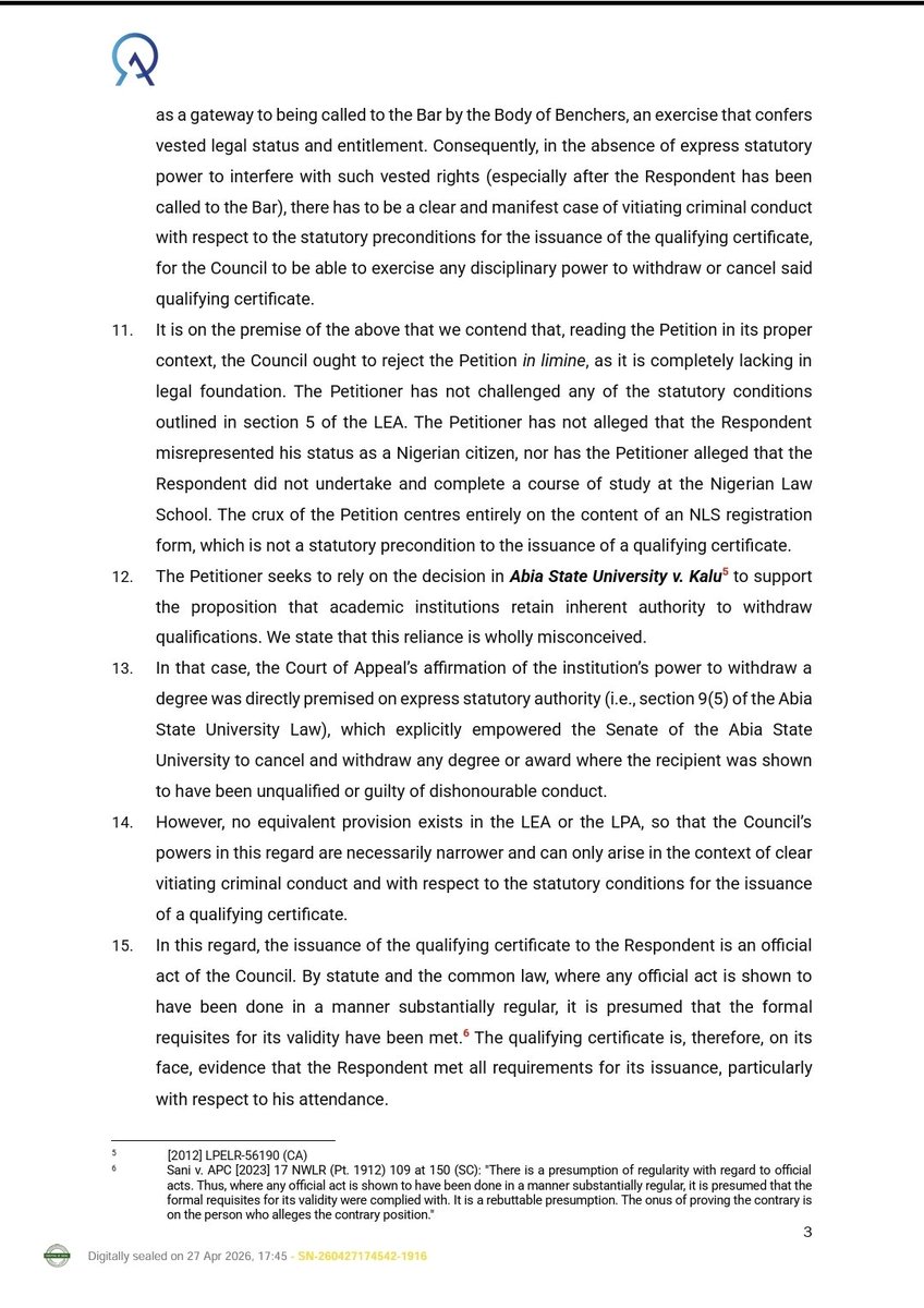 Onsogbu's tweet image. RESPONSE TO THE PETITION DATE 16TH MARCH 2026 BY JOHN AIKPOKPO MARTINS ESQ REQUESTING CANCELATION AND WITHDRAWAL OF QUALIFYING CERTIFICATE NUMBER 051144 AND RELATED PROFESSIONAL QUALIFICATIONS OF RT HON BENJAMIN OKEZIE KALU PH.D CFR @OfficialBenKalu 

In the face of deliberate