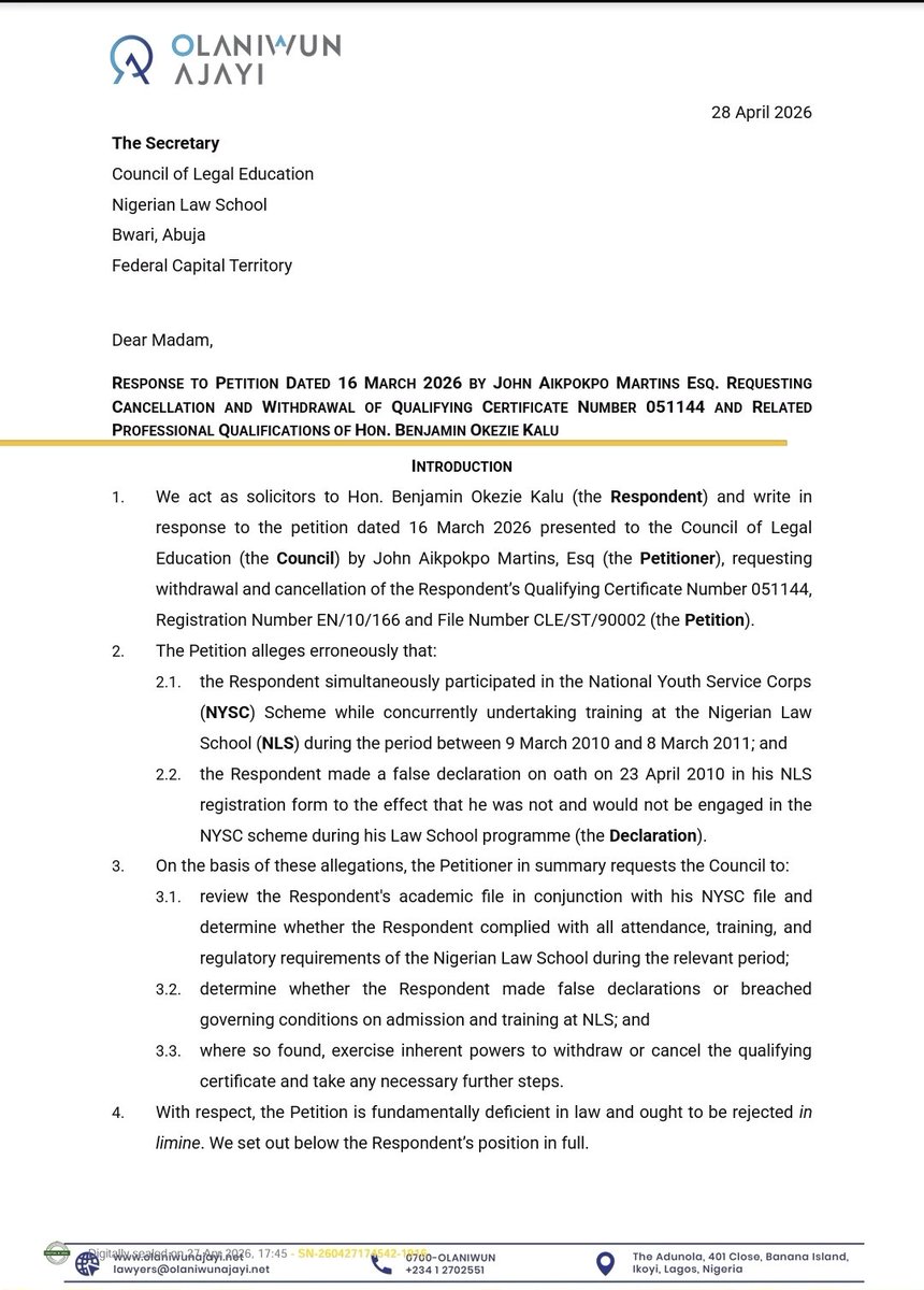 Onsogbu's tweet image. RESPONSE TO THE PETITION DATE 16TH MARCH 2026 BY JOHN AIKPOKPO MARTINS ESQ REQUESTING CANCELATION AND WITHDRAWAL OF QUALIFYING CERTIFICATE NUMBER 051144 AND RELATED PROFESSIONAL QUALIFICATIONS OF RT HON BENJAMIN OKEZIE KALU PH.D CFR @OfficialBenKalu 

In the face of deliberate