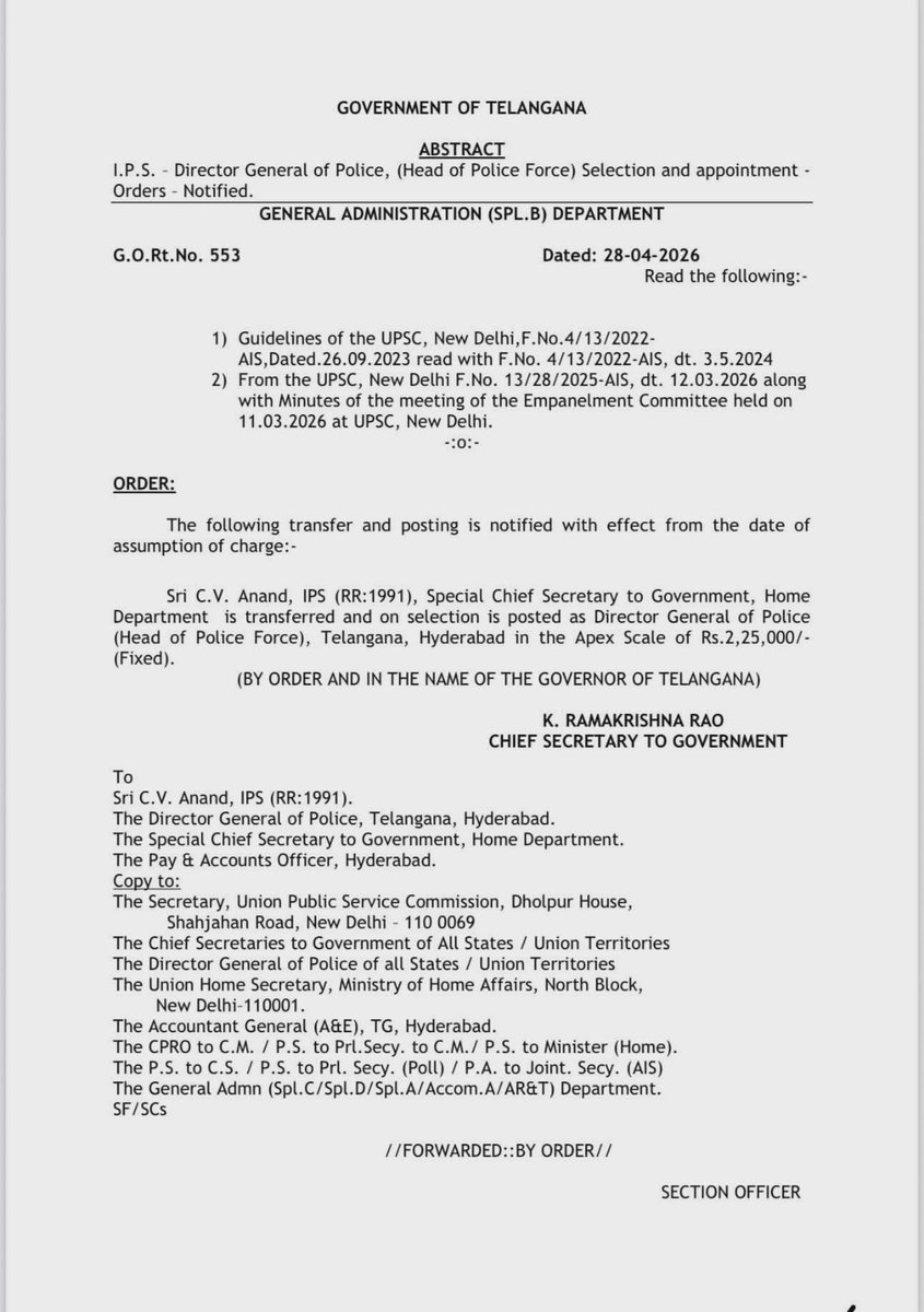 GhanshamOjha's tweet photo. @rashtrapatibhvn
@narendramodi
@PMOIndia
@AmitShah
@revanth_anumula
@TelanganaDGP

On: 28.04.2026

Hearty congratulations His Excellency Hon'ble.Shri. @CVAnandIPS Ji for getting posting as next @TelanganaDGP HoPF 👏 🎊 💐 🥳 

We are with you in all your future social endeavours. https://t.co/uadsTVIr3Q
