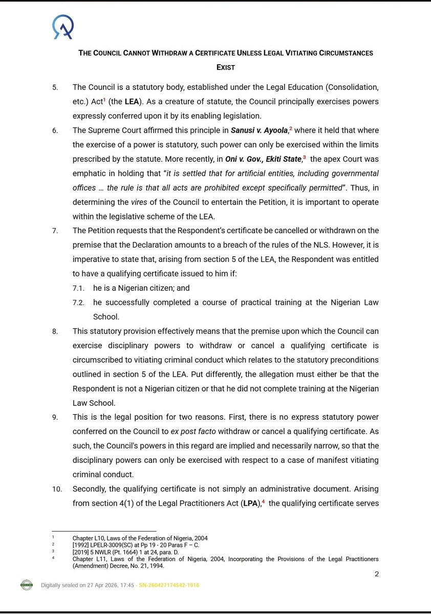 Onsogbu's tweet image. RESPONSE TO THE PETITION DATE 16TH MARCH 2026 BY JOHN AIKPOKPO MARTINS ESQ REQUESTING CANCELATION AND WITHDRAWAL OF QUALIFYING CERTIFICATE NUMBER 051144 AND RELATED PROFESSIONAL QUALIFICATIONS OF RT HON BENJAMIN OKEZIE KALU PH.D CFR @OfficialBenKalu 

In the face of deliberate