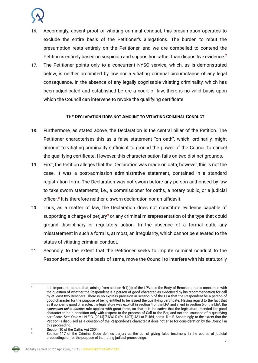 Onsogbu's tweet image. RESPONSE TO THE PETITION DATE 16TH MARCH 2026 BY JOHN AIKPOKPO MARTINS ESQ REQUESTING CANCELATION AND WITHDRAWAL OF QUALIFYING CERTIFICATE NUMBER 051144 AND RELATED PROFESSIONAL QUALIFICATIONS OF RT HON BENJAMIN OKEZIE KALU PH.D CFR @OfficialBenKalu 

In the face of deliberate