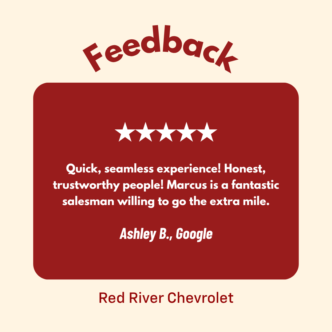RedRiverChevy's tweet photo. It’s wonderful that Marcus went above and beyond for a quick and seamless experience, Ashley. We pride ourselves on honesty and dedication, and we’re glad you felt well taken care of from start to finish. https://t.co/kDFsc23jDJ