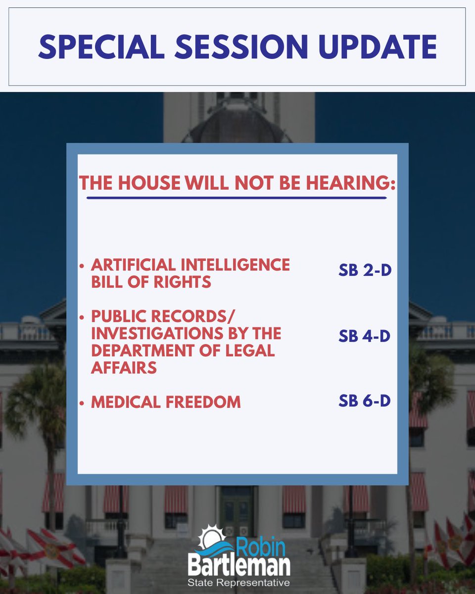 Robin_Bartleman's tweet image. As per the Speaker of the House,  the only bill being heard in special session is Congressional Redistricting.
.
.
.
@cityofppines @cityofsunrise @cityofmiramar @CityofWeston @townofdavie @SWR_Gov 
#broward #legislature #update