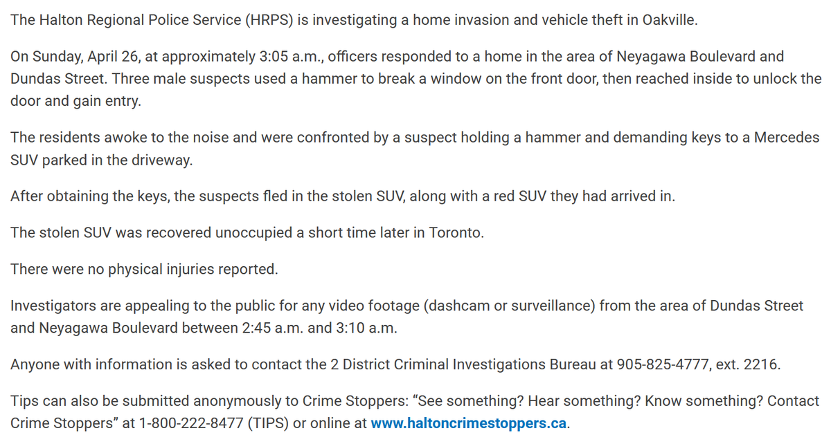 Media371's tweet image. .@HaltonPolice investigating a home invasion on George Savage Avenue in #Oakville early Sunday morning. Suspects demanded the keys to a Mercedes SUV before fleeing in the stolen vehicle.

Media Release ---&amp;gt;