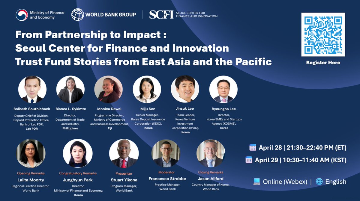 WB_AsiaPacific's tweet image. Join the World Bank Seoul Center for Finance &amp;amp; Innovation (SCFI) for a webinar exploring the impacts of the SCFI Trust Fund &amp;amp; how collaboration with #Korea is driving real development outcomes in #EastAsiaPacific.

April 29 | 10:30-11:40 am KST | Register: wrld.bg/uxxK50YQ0ce