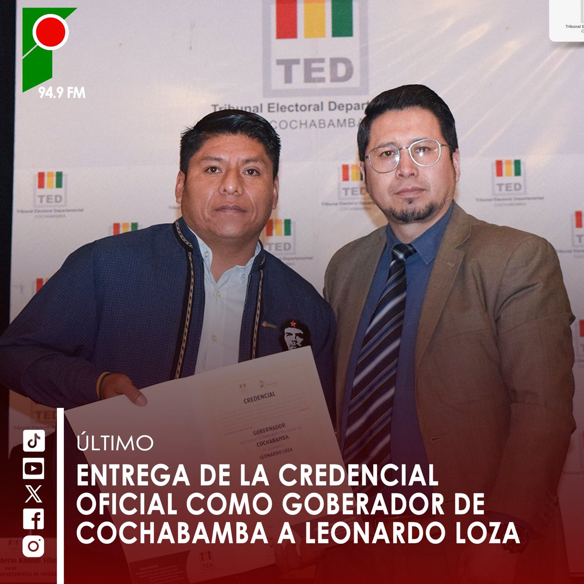 radiofidescb's tweet photo. 🔴#GrupoFides | #FidesCochabamba El presidente del TED Cochabamba, Daniel Quinteros Meneses, entregó la credencial oficial como Goberador del departamento de Cochabamba a Leonardo Loza.
#noticias #noticiasfides #fyp https://t.co/NY4TE0tr15