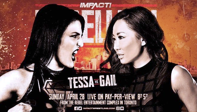 wrestle_hist's tweet image. 4/28/2019    

Tessa Blanchard defeated Gail Kim by submission at Rebellion from the Rebel Entertainment Complex in Toronto, Canada. 

#ImpactWrestling #TNA #Rebellion #TessaBlanchard #GailKim