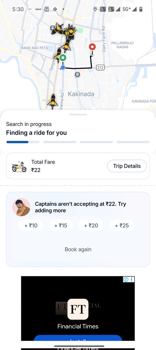itsMazahar's tweet photo. @rapidobikeapp So many riders nearby, still no one accepts at base fare.
Why show availability if I have to add extra every time?
Fix this, Rapido.
I tried to book a ride in kakinada but it's just a fancy way to waste time. https://t.co/E6fRwd7zTo