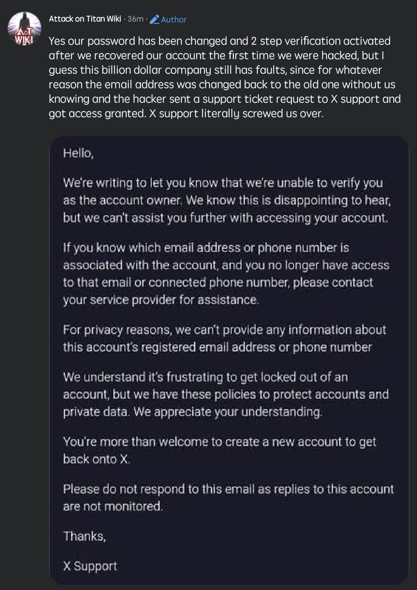 lowkeyfinalboss's tweet photo. @AoTWiki was hacked. They changed the username and posting shitty news claiming this. We know how dedicated aotwiki was, they'd never ever abandon aot. Unfollow this account and try to engage with aotwiki on facebook and their instagram account. We'll miss them on X :(
#aotwiki https://t.co/1TAnRM2ygP