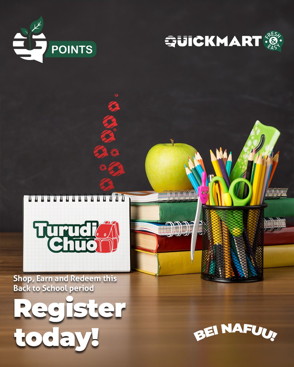 QuickmartKenya's tweet image. Back-to-school just got more rewarding! 🎒 Shop at your nearest store, earn Qpoints with every purchase, and redeem for amazing savings. Don’t forget to visit our Customer Care Desks to register today and start earning as you shop!

#Qpoints
#20YearsTogether
#BeiNafuu