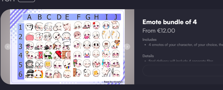 DeeyaDeeh's tweet photo. I raised my prices a bit, by 10 euros

Emotes also went from 2 euros each to 3 euros each. https://t.co/gy1Ov3wQNY