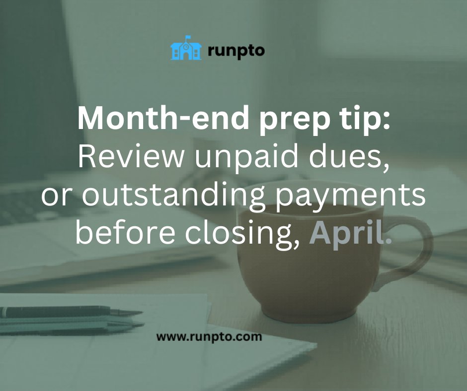 runpto's tweet image. 🧾 Month-end prep tip:
Review unpaid dues or outstanding payments before closing April.
 #PTA #PTO #BoosterClub #PTAManagement #PTOManagement