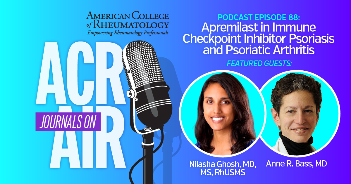ACRheum's tweet image. How should clinicians approach #psoriasis &amp;amp; #PsA triggered by immune checkpoint inhibitors? This NEW episode reviews epidemiology, patient characteristics, &amp;amp; outcomes from a multicenter study of apremilast. 🎙️ LISTEN → acr.tw/4d6xoRs @ACR_Journals @NilashaGhosh