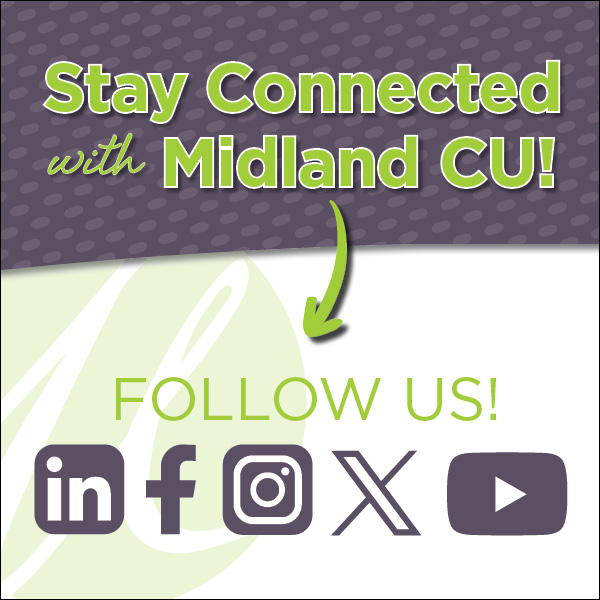 MidlandCU's tweet image. Follow us for member offers, service updates, and smart money tips:

📗Facebook - ow.ly/kIXY50YFUeq 
📸 Instagram - ow.ly/XA7M50YFUer 
🔗 LinkedIn - ow.ly/y6VI50YFUep 
▶️ YouTube - ow.ly/Zwf350YFUes 

#MidlandCU #StayConnected #MemberPerks #LetsGetSocial