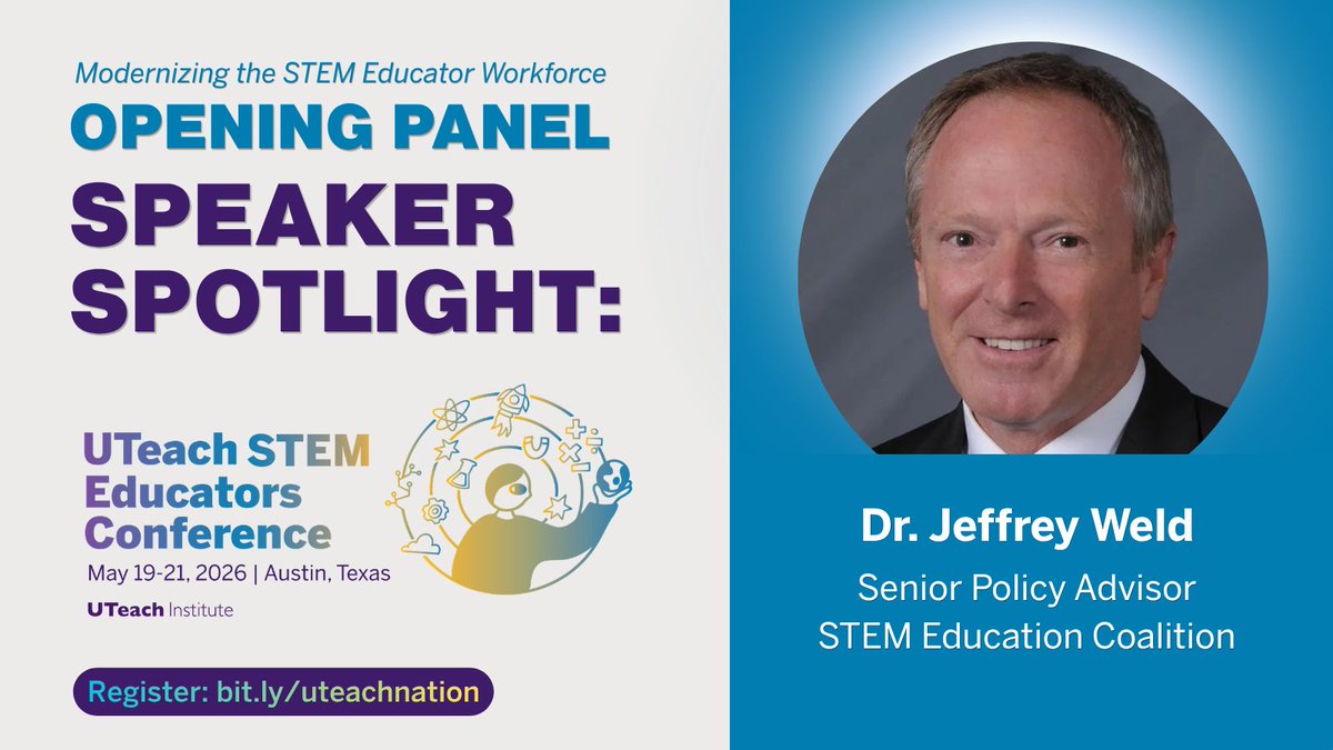 uteachinstitute's tweet image. 🎤 Opening Session Speaker Spotlight: From classroom teacher to White House STEM advisor, Jeff Weld brings 40+ years across education and policy. Hear his take on how STEM systems evolve—and what comes next.
📅 May 19–21 | Austin
🔗 bit.ly/uteachnation
#UTeachNation #STEMEd