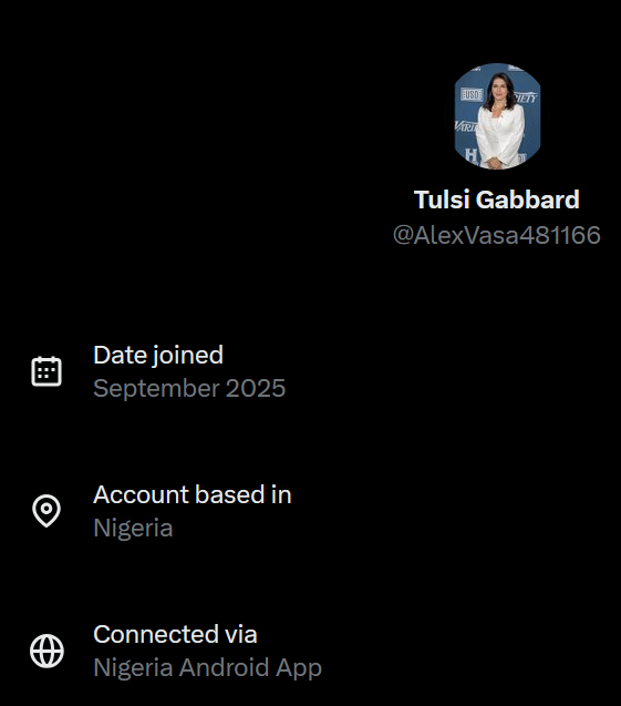 ImWickedJess's tweet image. Friends, please vet the accounts you follow back. 
Tulsi Gabbard wouldn't have 638 followers, and she most certainly isn't in Nigeria.