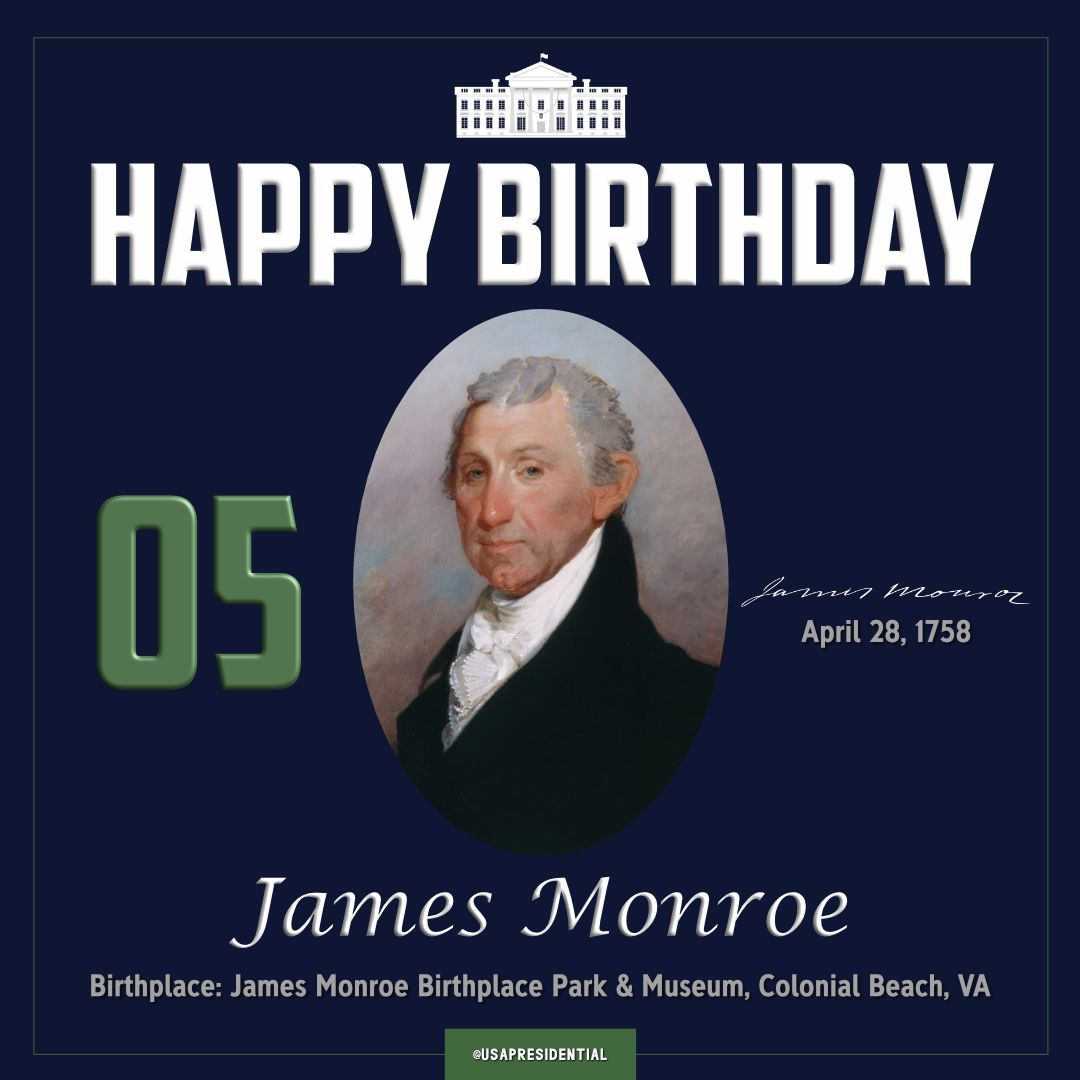 ames Monroe was born on this day in 1758. He served as the 5th President of the United States of America from March 4, 1817 to March 4, 1825. Today would have been his 268th birthday. Happy Birthday, President Monroe!
----
#potus #whitehouse #ovaloffice #president