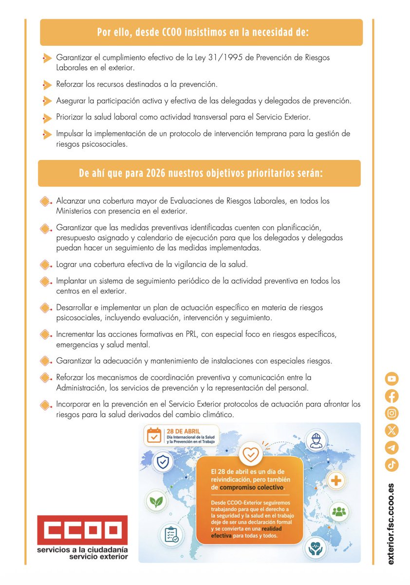 Comisionesext's tweet photo. En el exterior también se trabaja.
Y también se enferma.

La prevención no es un trámite: es cuidar a las personas.

📅 28 de abril
Día Mundial de la Seguridad y Salud en el Trabajo

#TrabajarSíEnfermarNo #PLEX #28A https://t.co/uhHkV4Jb7s