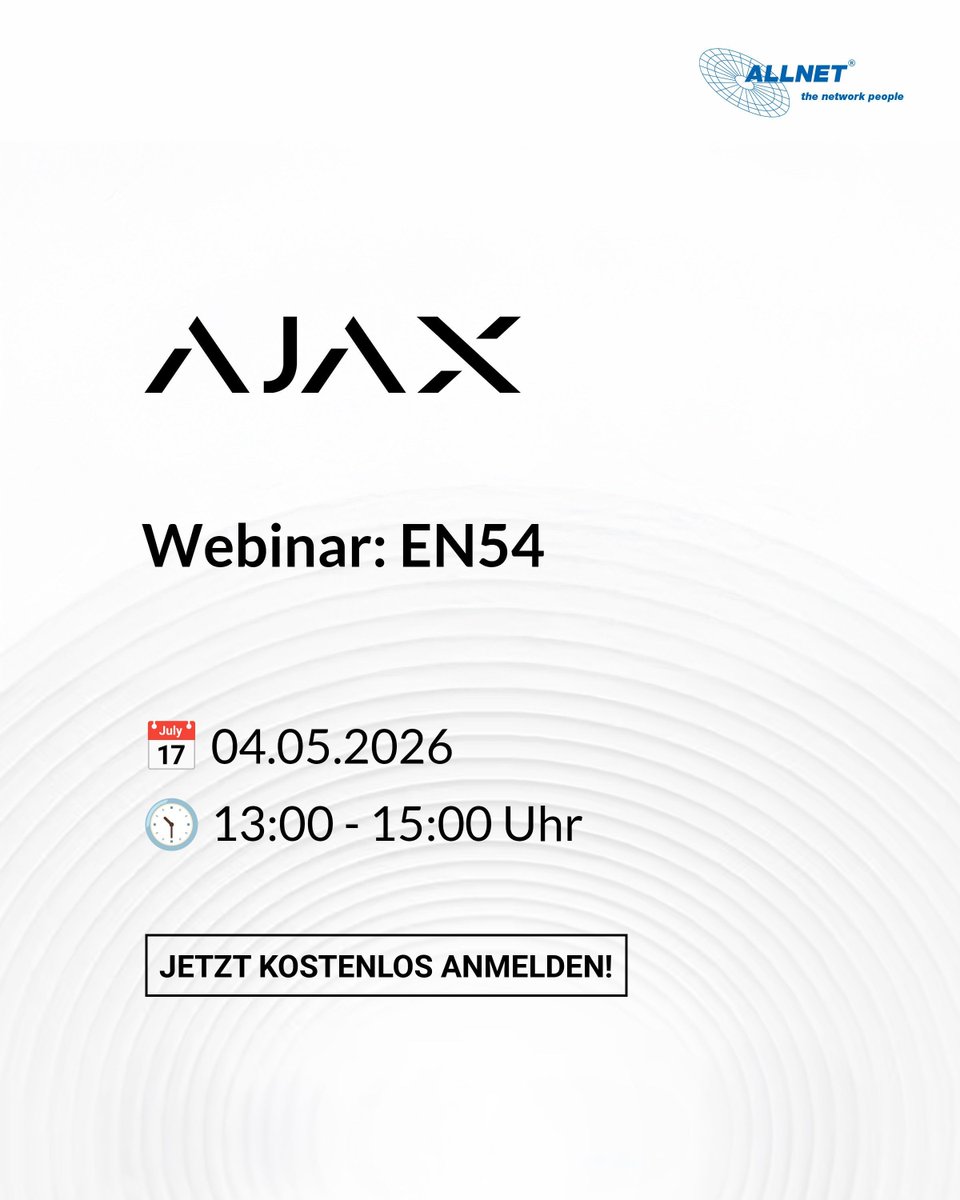 ALLNETGmbH's tweet image. Webinar: @Ajax_systems EN54 Brandwarnanlage
Moderne Brandwarnanlagen nach EN54:
🗓️ 4. Mai 2026
🕐 13:00 – 15:00 Uhr

 Die kostenlose Anmeldung &amp;amp; alle Inhalte des Webinars findest Du hier:
➡️ bit.ly/48t6zEl 

#Ajax #Webinar #Brandwarnanlagen #EN54 #Alarmtechnik #VAD