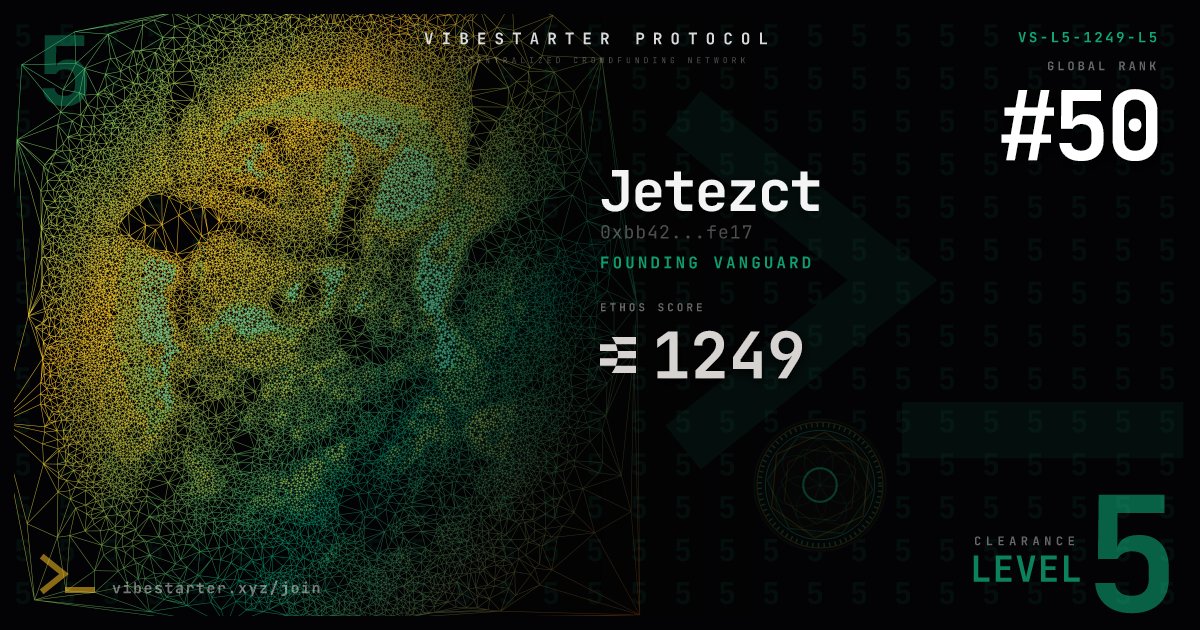 Jetezct's tweet photo. Grateful to the team for building something this fun and real on Base

Shoutout to everyone who joined the chaos:  

- Leveling up the leaderboard  
- Dropping those wild project ideas  
- Turning AI vibes into actual raises

Felt like a proper community playground. We shipped, we laughed, we farmed XP   😇

Mainnet loading...   
If you missed it, stay locked in this is gonna be huge for indie builders and vibe coded projects. 

Congrats for the testnet btw @vibestarterxyz