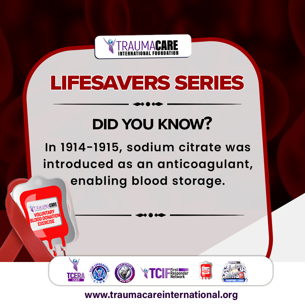 TraumaCareIntl's tweet photo. LIFESAVERS SERIES 
In 1914–1915, sodium citrate made blood storage possible; saving millions of lives. 

Today, YOU can continue that impact.
❤️ Donate blood 
❤️ Save lives 
❤️ Be a hero

📷 Sign up to become a voluntary blood donor:
https://t.co/syBOShnCDX https://t.co/tMN6gfKel3