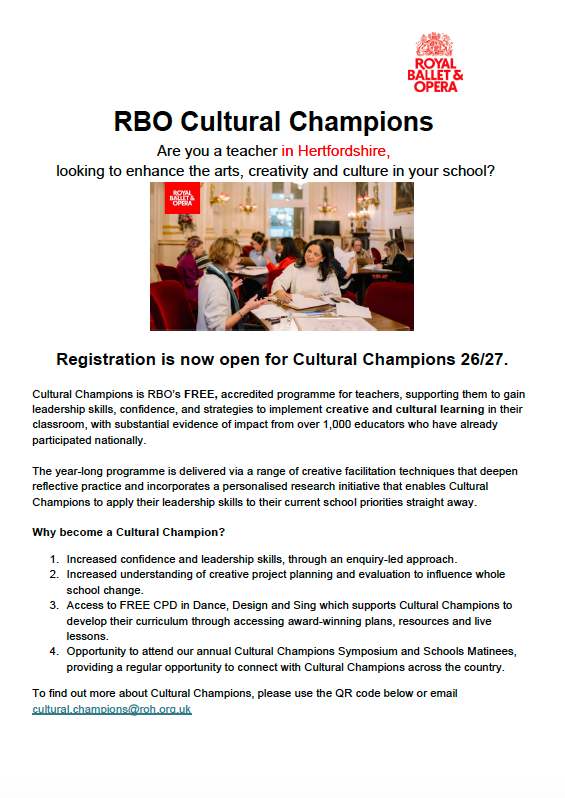 AlbanEducation's tweet photo. @rbo_org  Cultural Champions | Free, accredited, middle leadership development programme, designed especially for those who lead or champion the arts, creativity and culture in schools in Hertfordshire. Apply by 19th June. More info at https://t.co/q3BOo6vNIf https://t.co/nAOmJlPK5s