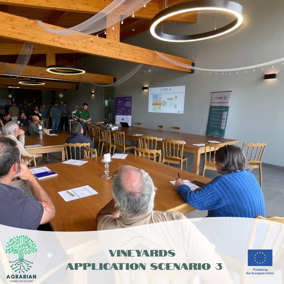 AgrarianProject's tweet photo. 🚜 Last week, AVIPE hosted the Viticulture Pilot Demonstration at Filipe Palhoça Vinhos, Portugal.  We demonstrated the power of "Farming on the Edge" to local farmers,  proving that high-tech connectivity is ready for remote vineyards. https://t.co/PK3Zt8RPhx