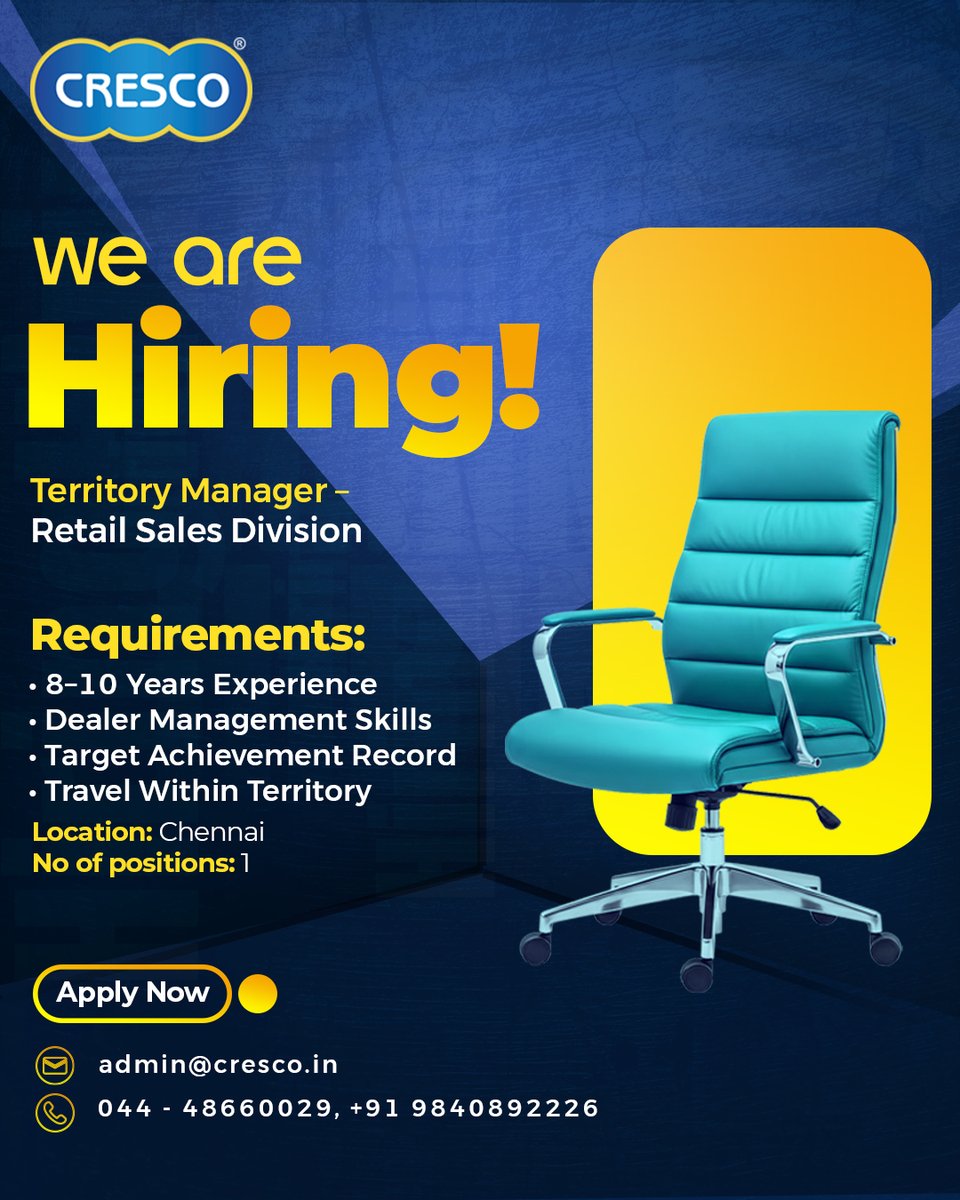 Cresco_india's tweet image. Know someone in sales?
Cresco is hiring a Territory Manager in Chennai! 8–10 yrs exp needed.

Only 1 seat - grab it fast!

📩 admin@cresco.in
📞 044-48660029
📞 +91 9840892226

#cresco #industrialproducts #hvac #WeAreHiring #hiring