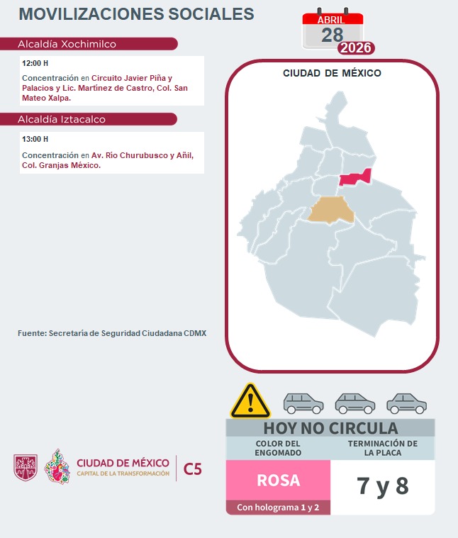 C5_CDMX's tweet image. ⚠️🗓 #ENTÉRATE | Para hoy, 28 de abril 2026, estas son las movilizaciones sociales previstas en la Ciudad de México.

#MovilidadCDMX #C5OjosDeLaCDMX  #C5CorazónDeLaCDMX #OjosDeLaCiudad