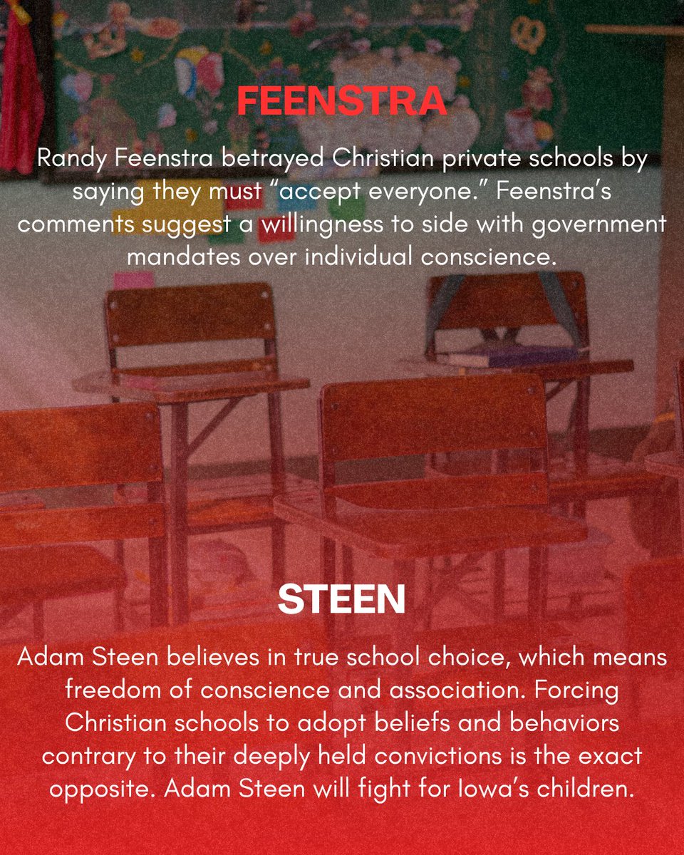 adamsteen's tweet photo. FEENSTRA vs. STEEN: Two Visions for Iowa 🧵

With the primary fast approaching, the differences between the leading Republican candidates in Iowa are becoming impossible to ignore. On key conservative issues, the contrast in policy positions and leadership approach is clear.

ISSUE #1: EDUCATION