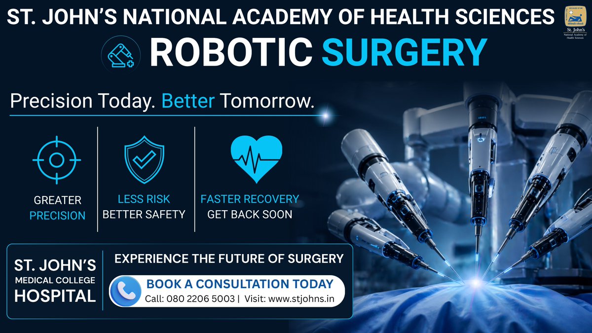 StJohns_Blr's tweet image. The future of surgery isn’t coming.
It’s already here.
St. John's Hospital | Robotic Surgery

#FutureOfHealthcare #Innovation #RoboticSurgery
