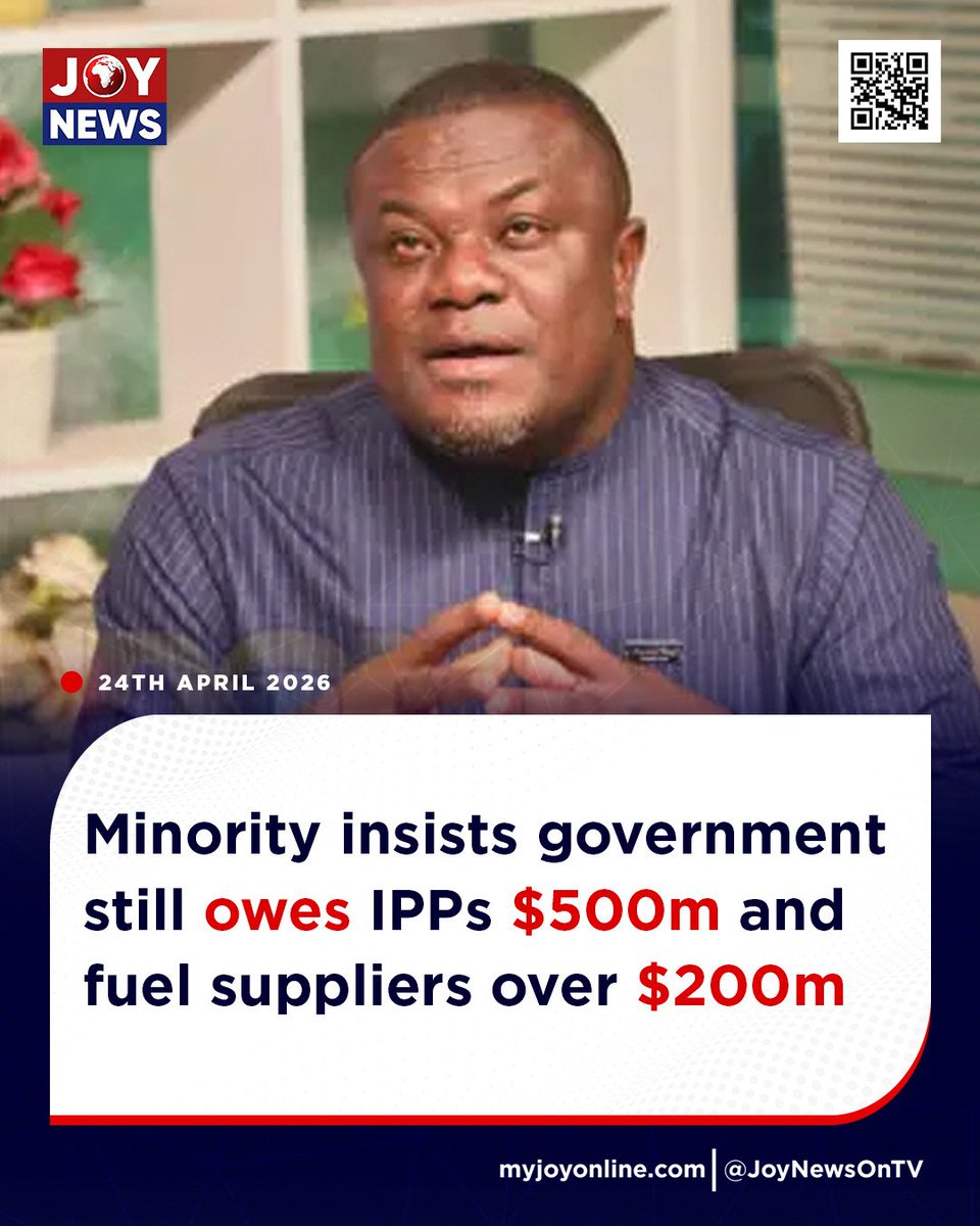JoyNewsOnTV's tweet image. Minority insists government still owes IPPs $500m and fuel suppliers over $200m

Follow our WhatsApp channel for all the breaking stories: tinyurl.com/JoyNews-WhatsA…

#JoyNews #Viral #Explorepage #Ghana #JoyFM #GhanaNews #Ghana #NewsUpdate #Africa #GhPolitics #News #AfricaNews